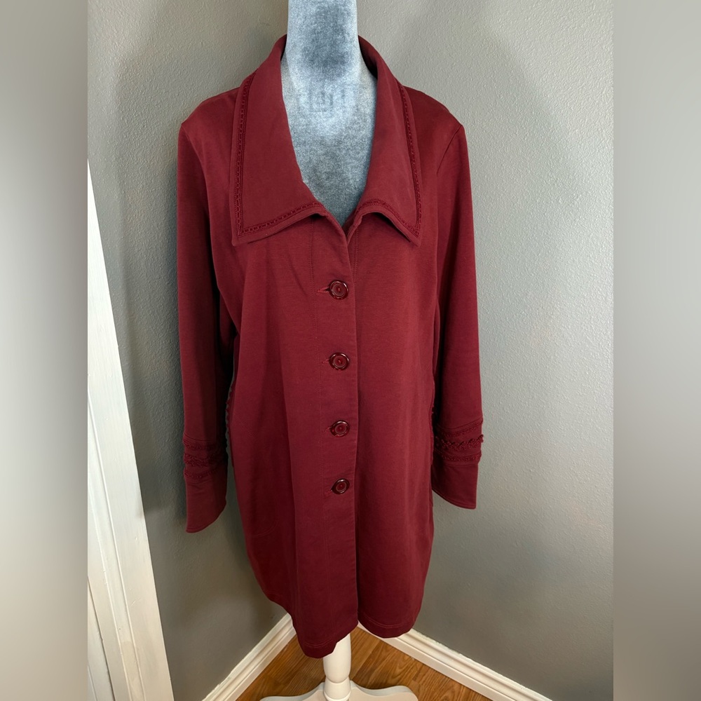 Soft Surroundings Burgundy Rachel Coat Crochet Lace Detail Size L
